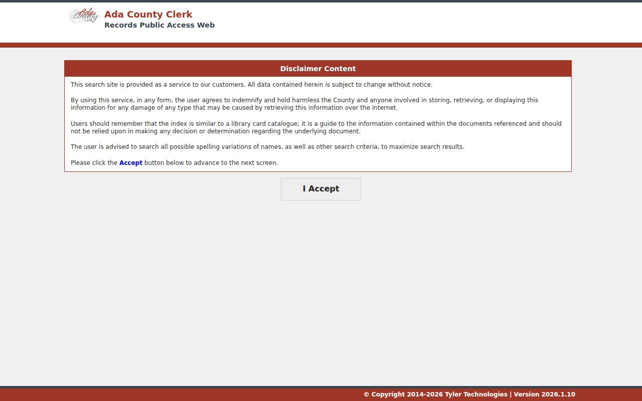 Ada County Recorder document search fields used for Kuna records